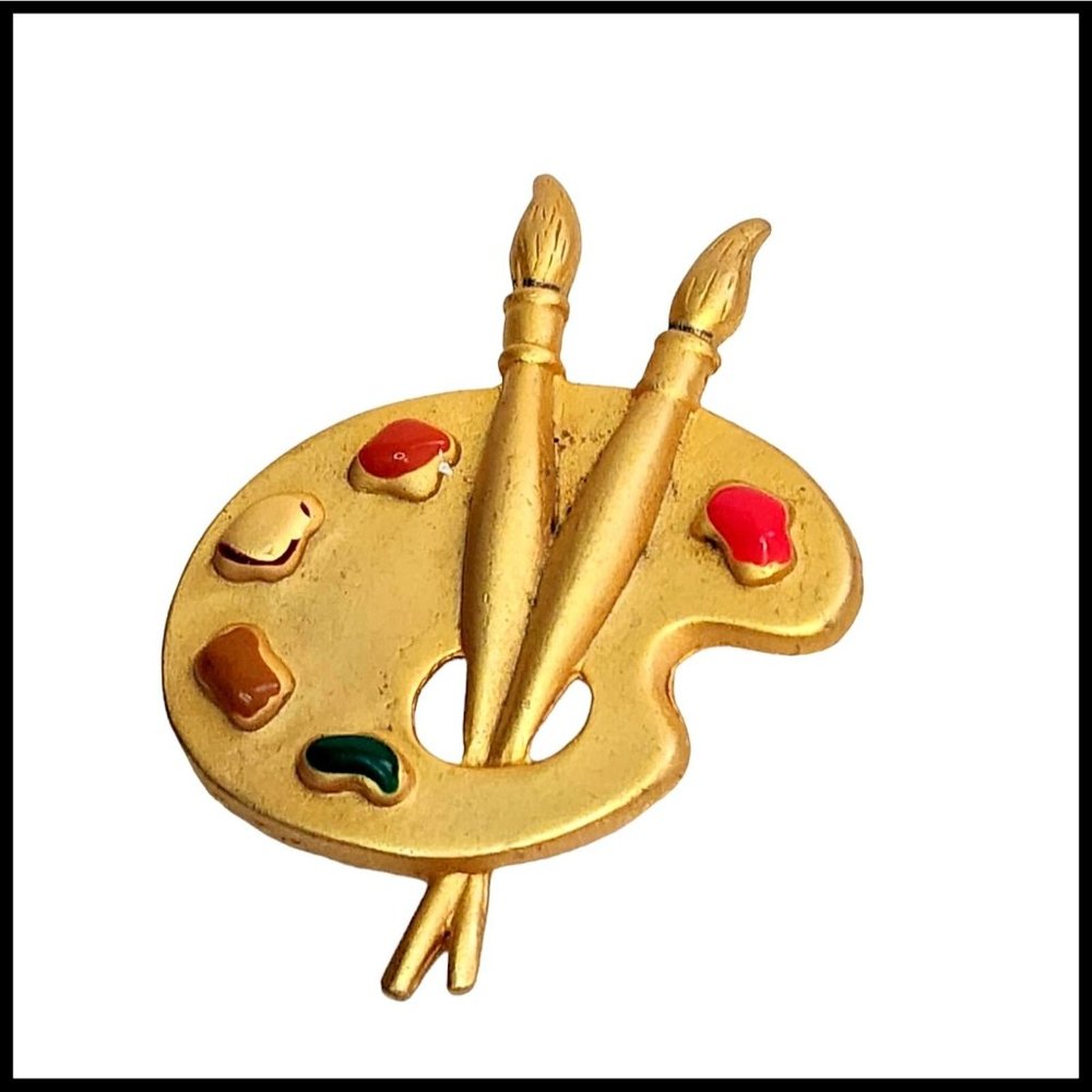 Vintage Enamel Artist Painters Palette Paint Brushes Gold Tone Brooch Pin
